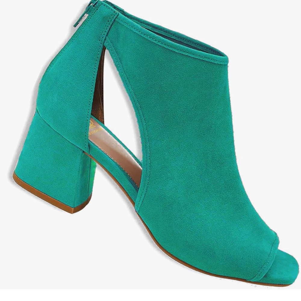 Chunky High Heel Booties Suede Open Toe  2” Block Stacked Heel